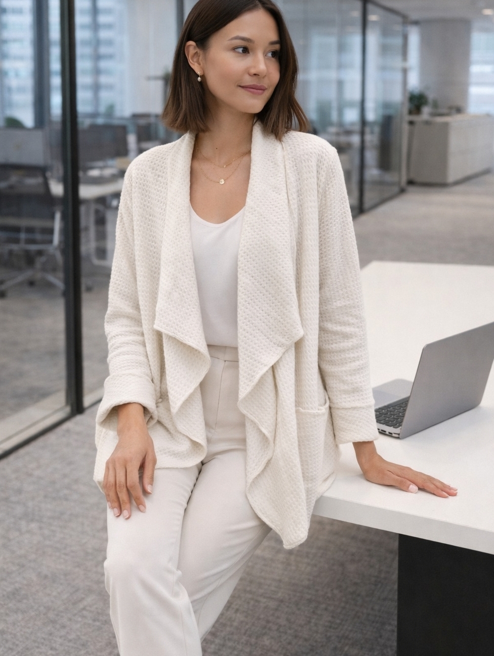 Soft Waffle Knit Draped Cardigan – Neutral Beige | Cozy Chic Layer